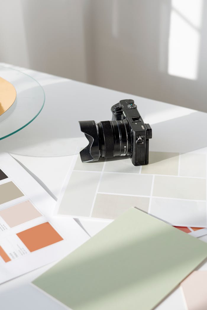 Digital camera resting on a desk with color swatches and design materials.